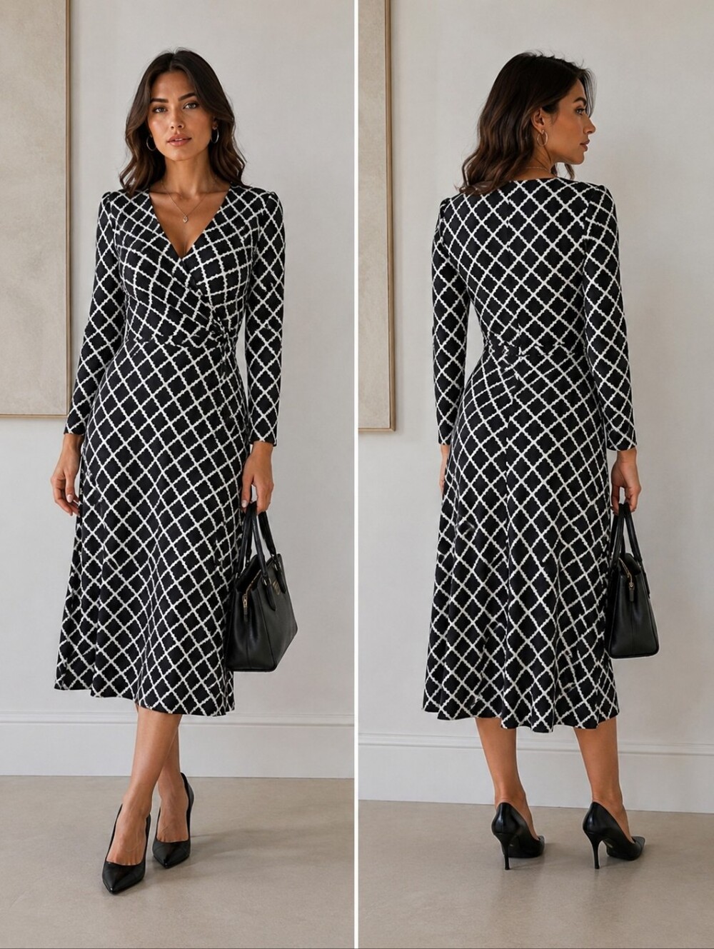 White House Black Market Faux Wrap Dress Lattice Print Chic Office Sz 6